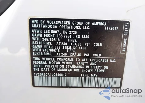 2018 Volkswagen Atlas 3.6L V6 S из США, поврежденный, VIN 1V2GR2CA1JC546812